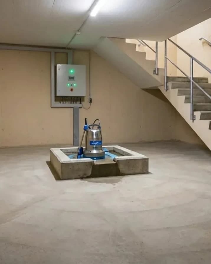 Le même local technique sec et remis en état après intervention SOS Relevage, pompe de relevage neuve et coffret de commande au vert