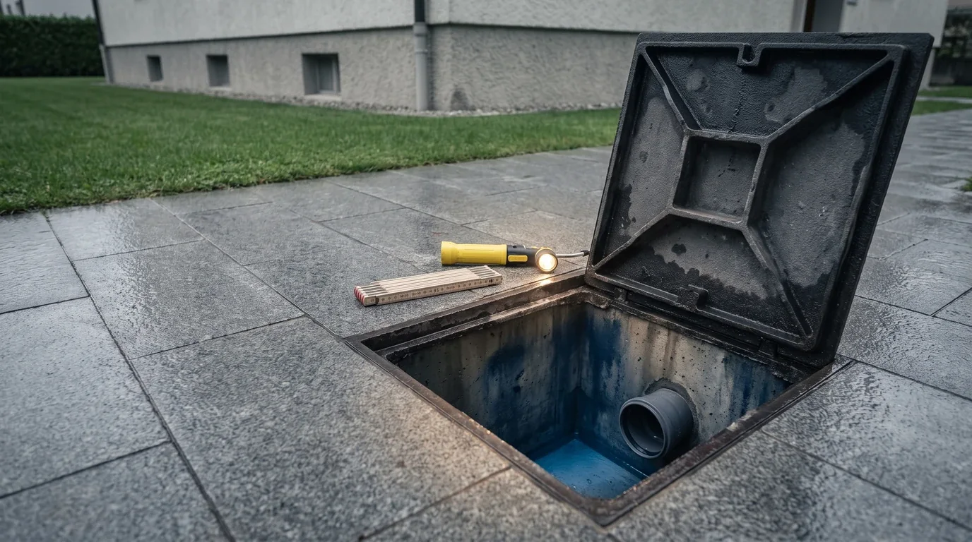Chambre de contrôle d'évacuation des eaux ouverte dans la cour pavée d'un immeuble suisse, couvercle en fonte déposé et lampe de chantier