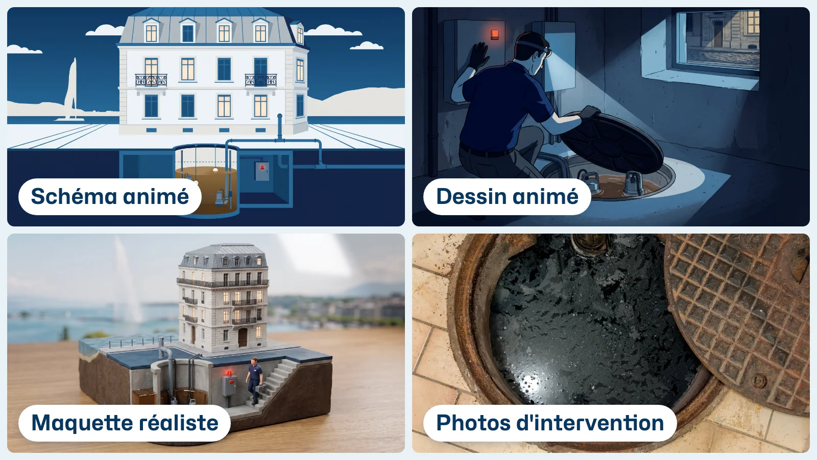 Quatre essais de style sur la même scène de station de relevage : un schéma animé en coupe, un dessin animé avec un technicien penché sur une fosse, une maquette réaliste d'immeuble sur une table, et une vraie photo de fosse
