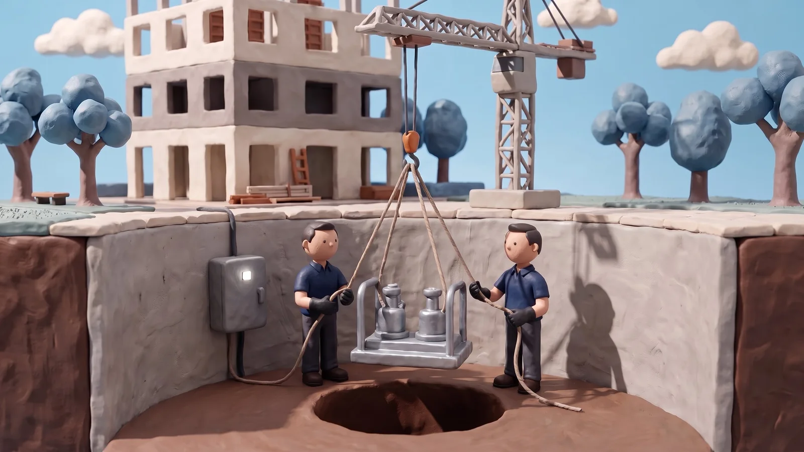Chantier en pâte à modeler : deux techniciens descendent une station de pompage neuve dans sa fosse, sous une grue, devant un immeuble en construction
