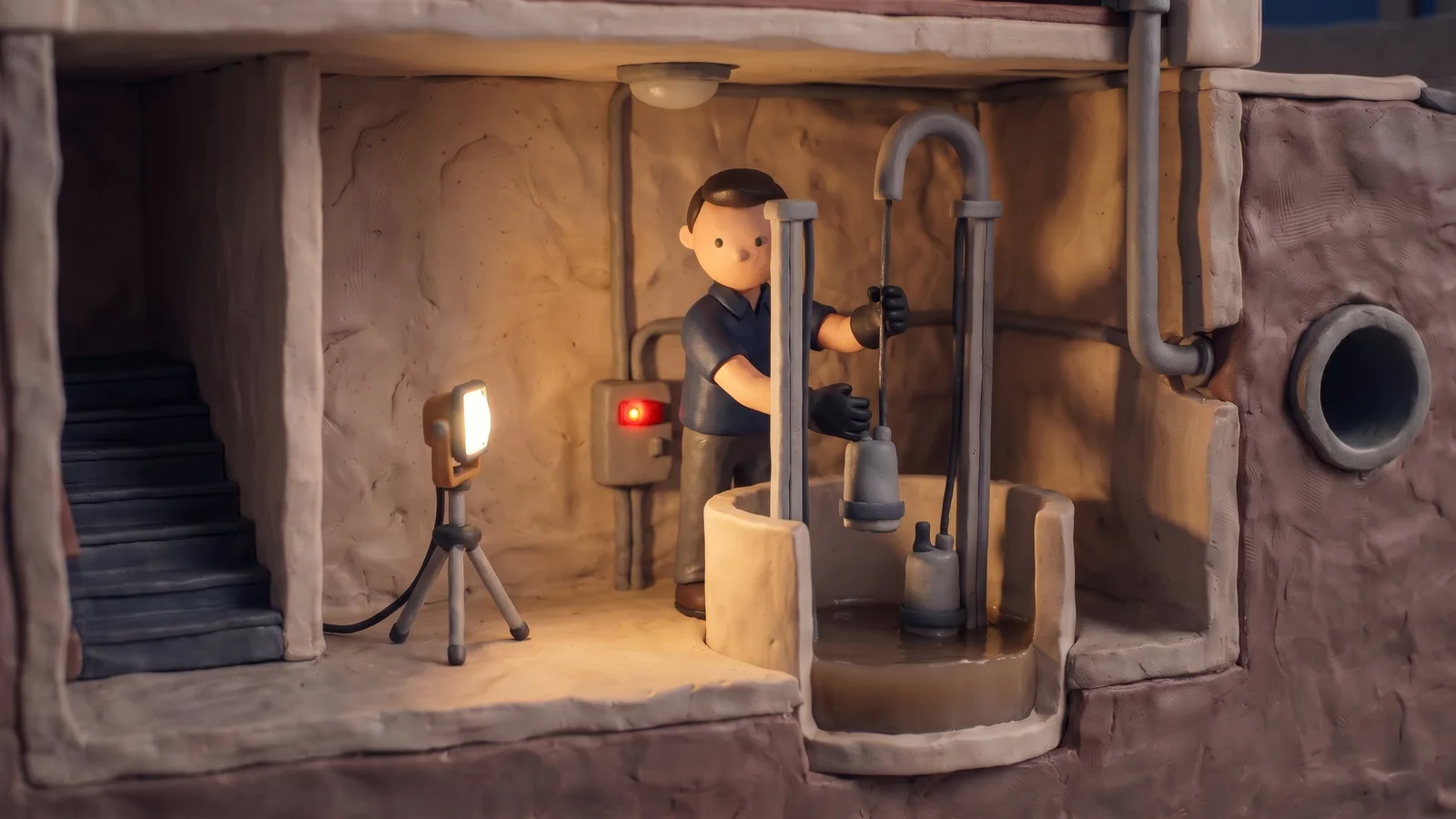 Le technicien en pâte à modeler, à genoux au bord de la fosse du sous-sol, raccorde une pompe provisoire bleue pendant que la pompe en panne repose sur un chiffon