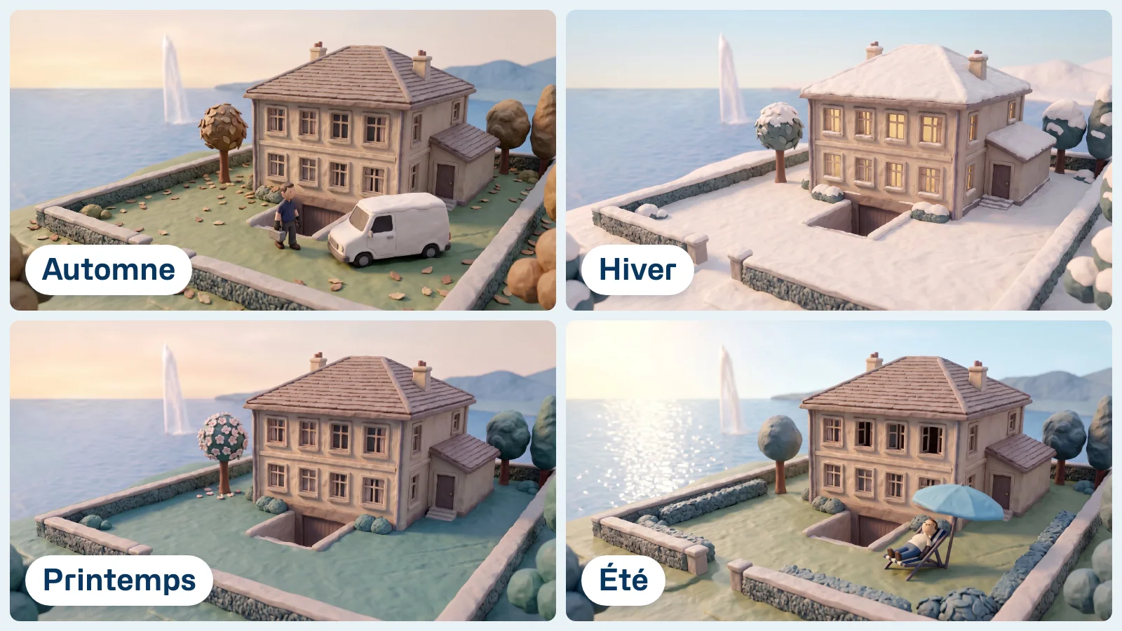 La même villa en pâte à modeler au bord du lac en automne avec le fourgon et le technicien, puis sous la neige, au printemps et en été avec un habitant sur sa chaise longue