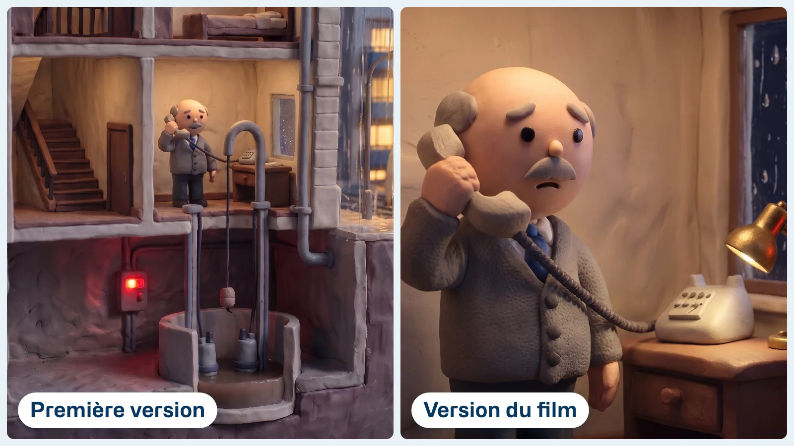 Comparaison de deux images en pâte à modeler : à gauche, l'immeuble en coupe avec l'escalier, le concierge au téléphone, la fosse et ses pompes ; à droite, le concierge seul au téléphone dans sa loge, la nuit