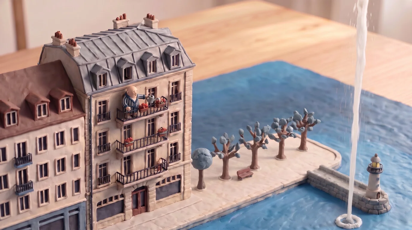 Maquette en pâte à modeler d'un immeuble genevois au bord du lac, posée sur une table, avec la promenade, ses platanes, la jetée, le petit phare et le Jet d'eau