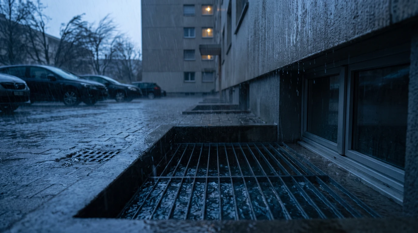 Saut-de-loup de sous-sol se remplissant d'eau de pluie devant un immeuble genevois pendant un violent orage d'été