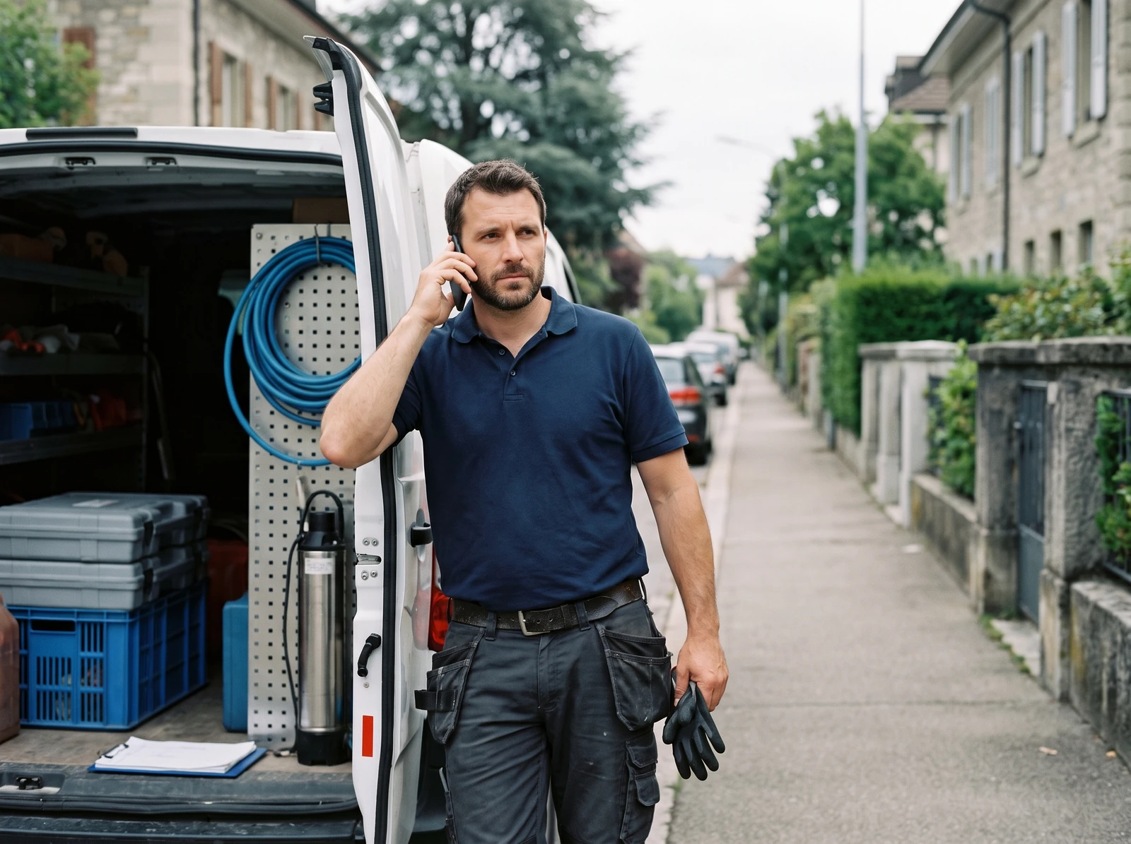 Technicien SOS Relevage au téléphone devant son fourgon, entre deux interventions à Genève