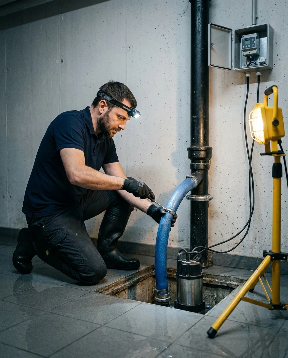 Technicien SOS Relevage raccordant une pompe de relevage provisoire sur la conduite de refoulement d'un local technique en sous-sol à Genève