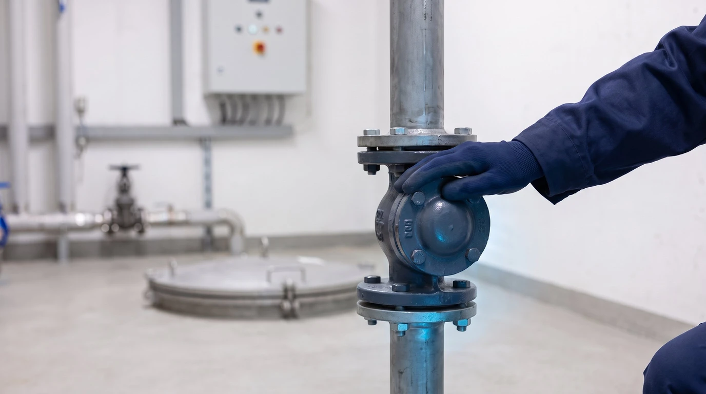 Main gantée d'un technicien posée sur le clapet anti-retour de la conduite de refoulement d'une pompe de relevage, dans le local technique d'un immeuble