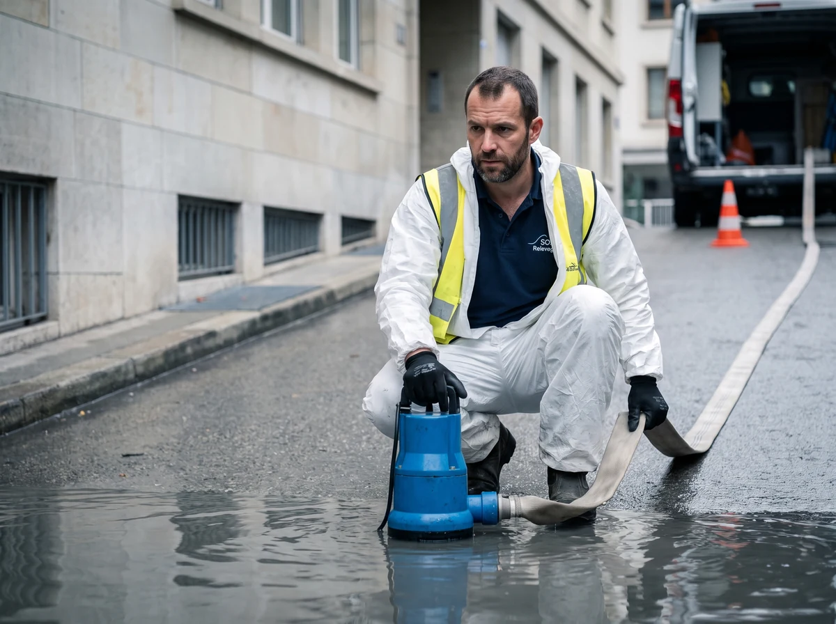 Technicien SOS Relevage accroupi au bas de la rampe d'un parking souterrain inondé à Genève, pompe vide-cave en action et tuyau de refoulement remontant vers la rue
