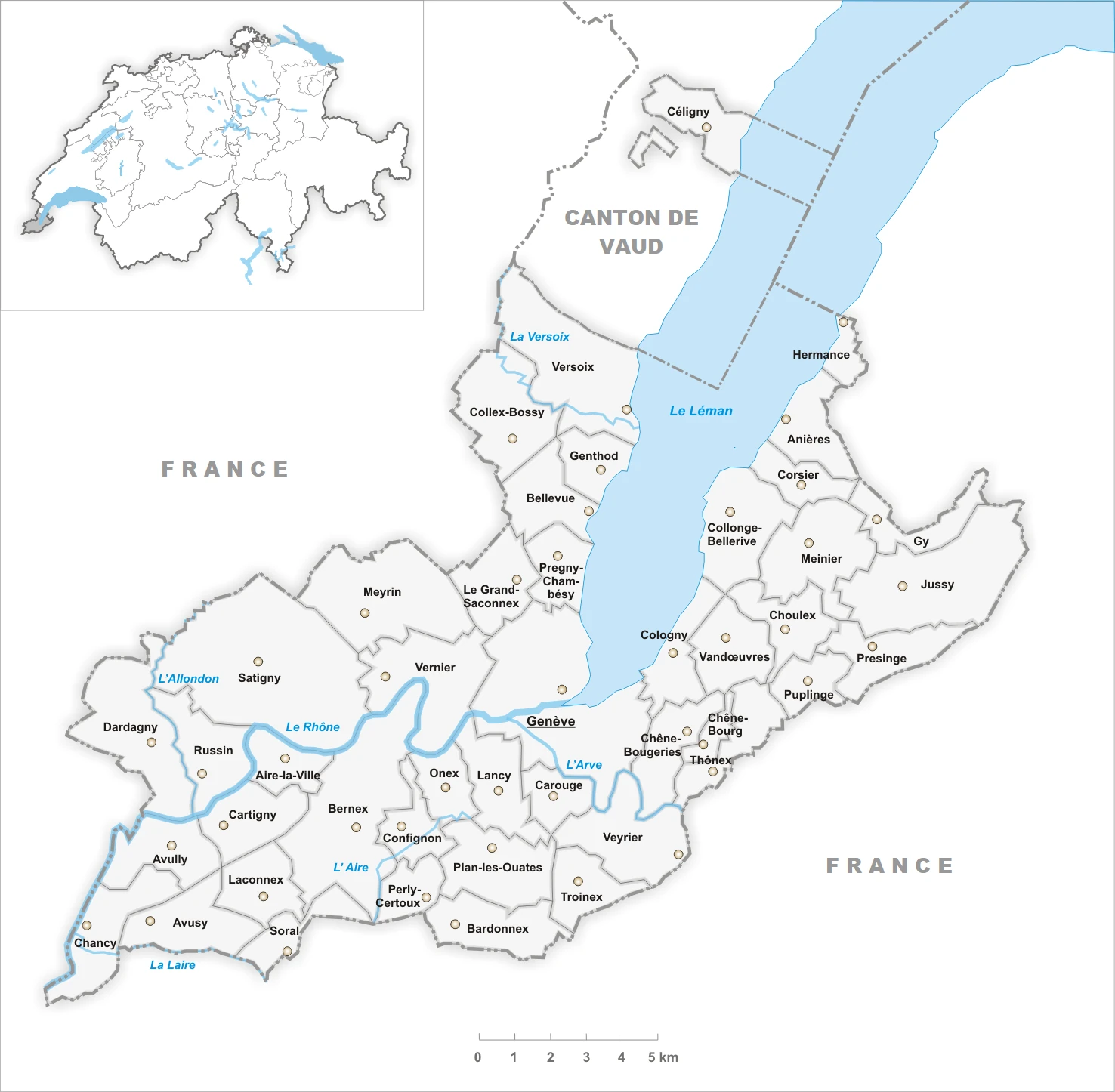 Carte des 45 communes du canton de Genève : Meyrin et Vernier à l'ouest, la ville de Genève au centre, Carouge, Lancy et Onex au sud, Cologny, Vandœuvres et Thônex à l'est, le long du Léman, du Rhône et de l'Arve