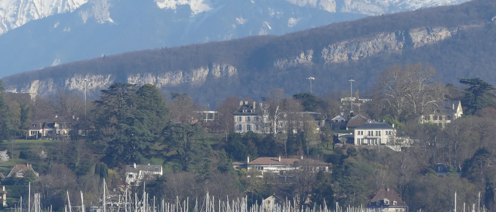 Le coteau de Cologny vu depuis le lac : villas et maisons de maître dans de grands parcs arborés, au pied du Salève, zone d'intervention SOS Relevage pour les particuliers